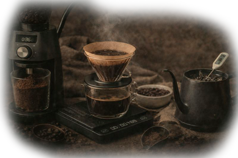 Coffee brewing setup with freshly ground beans and pour-over equipment