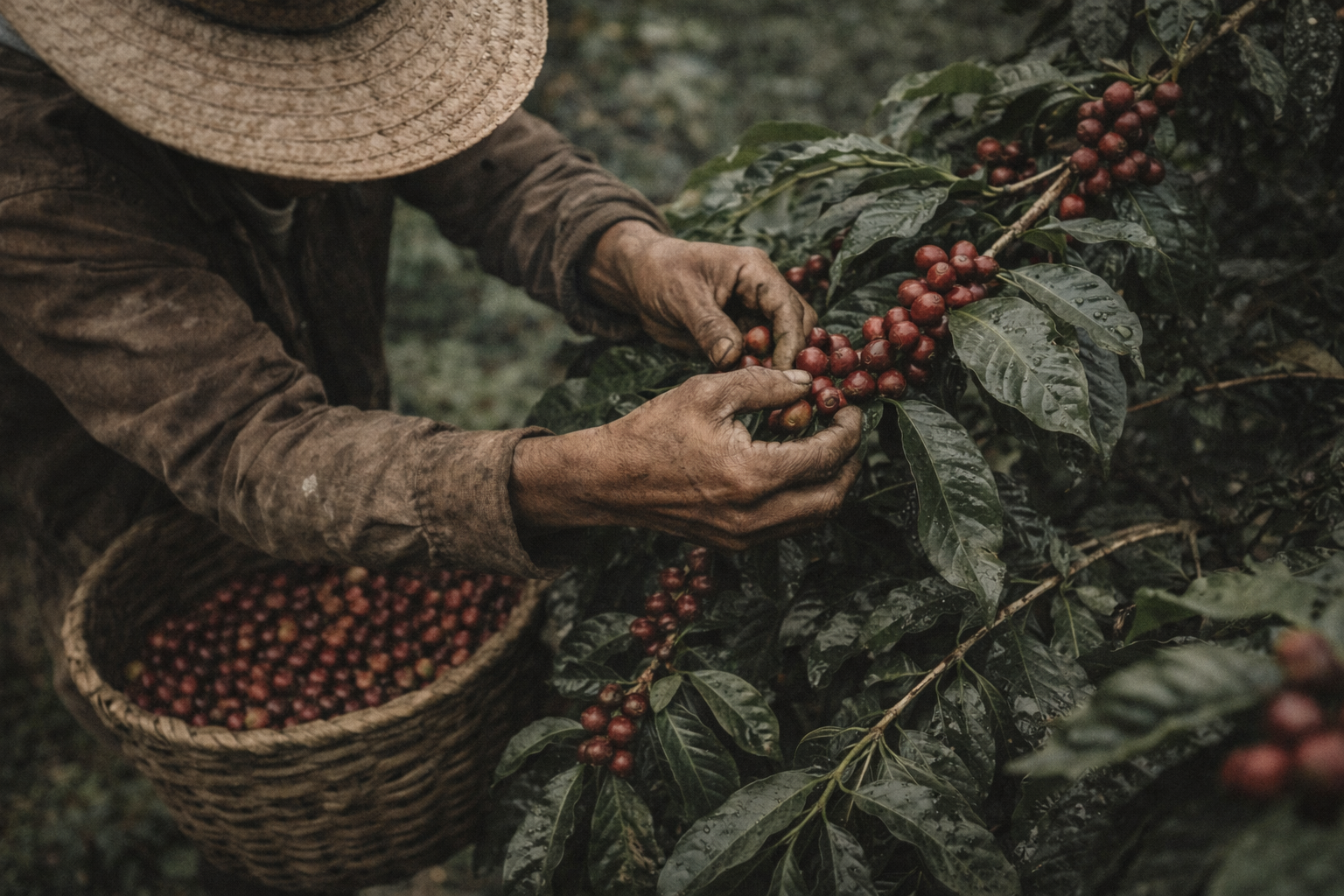 Selective hand picking on small Colombian family coffee farm