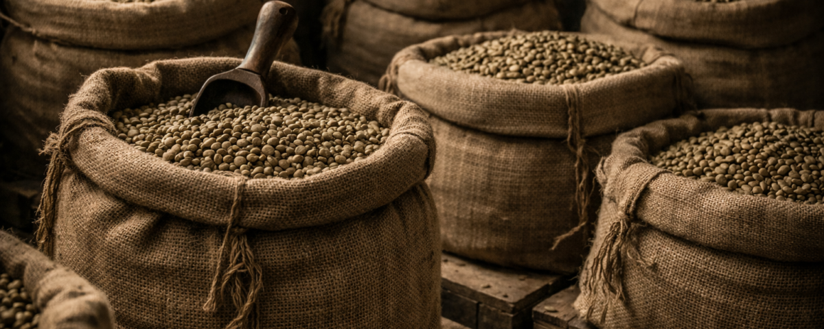 green coffee beans stored in burlap sacks before roasting