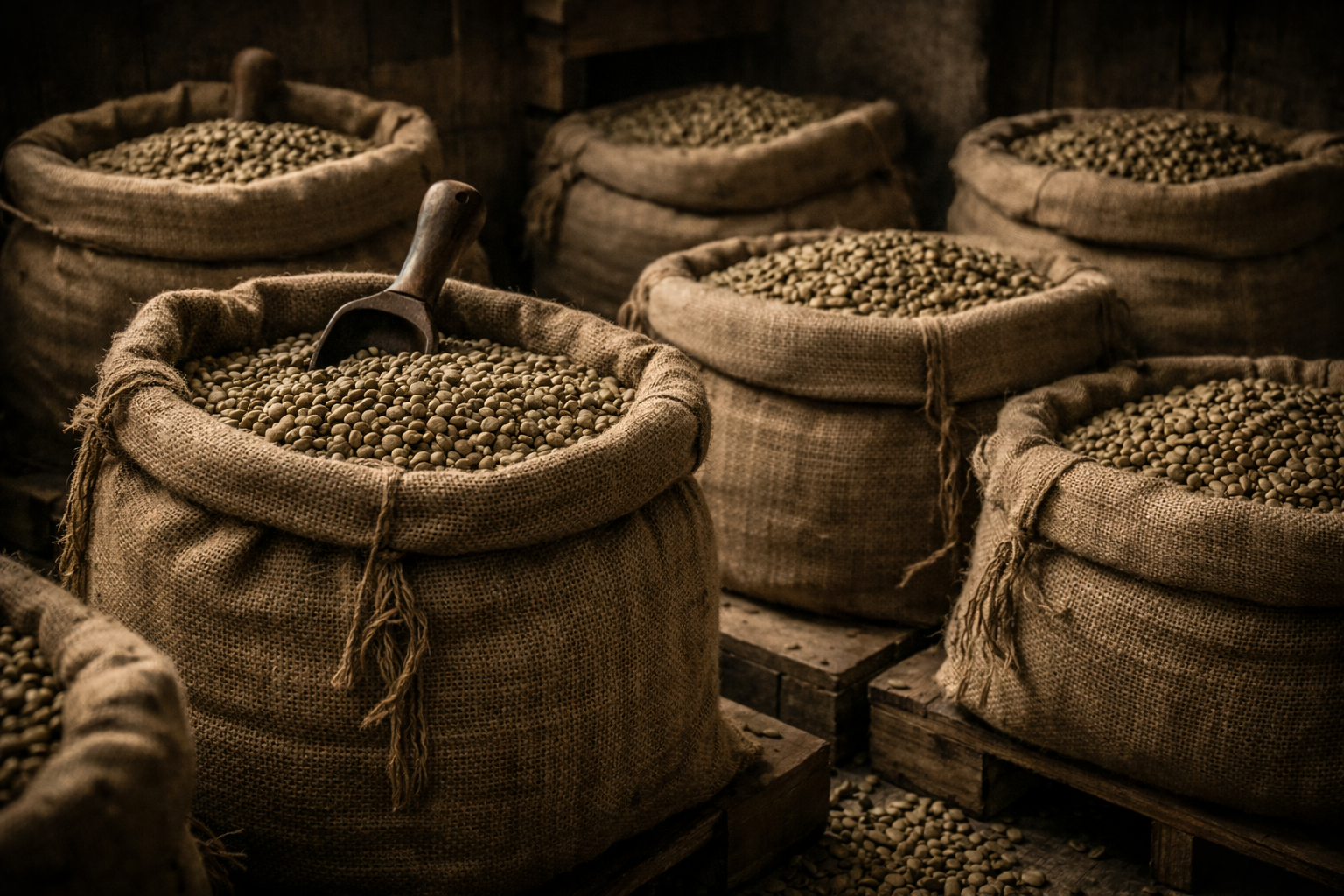 green coffee beans stored in burlap sacks before roasting