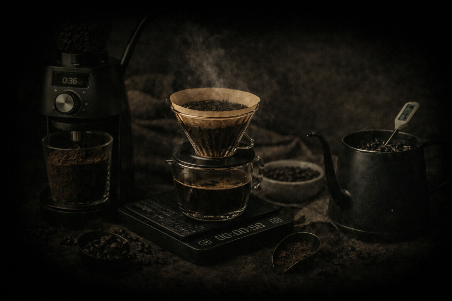 Coffee brewing setup with freshly ground beans and pour-over equipment