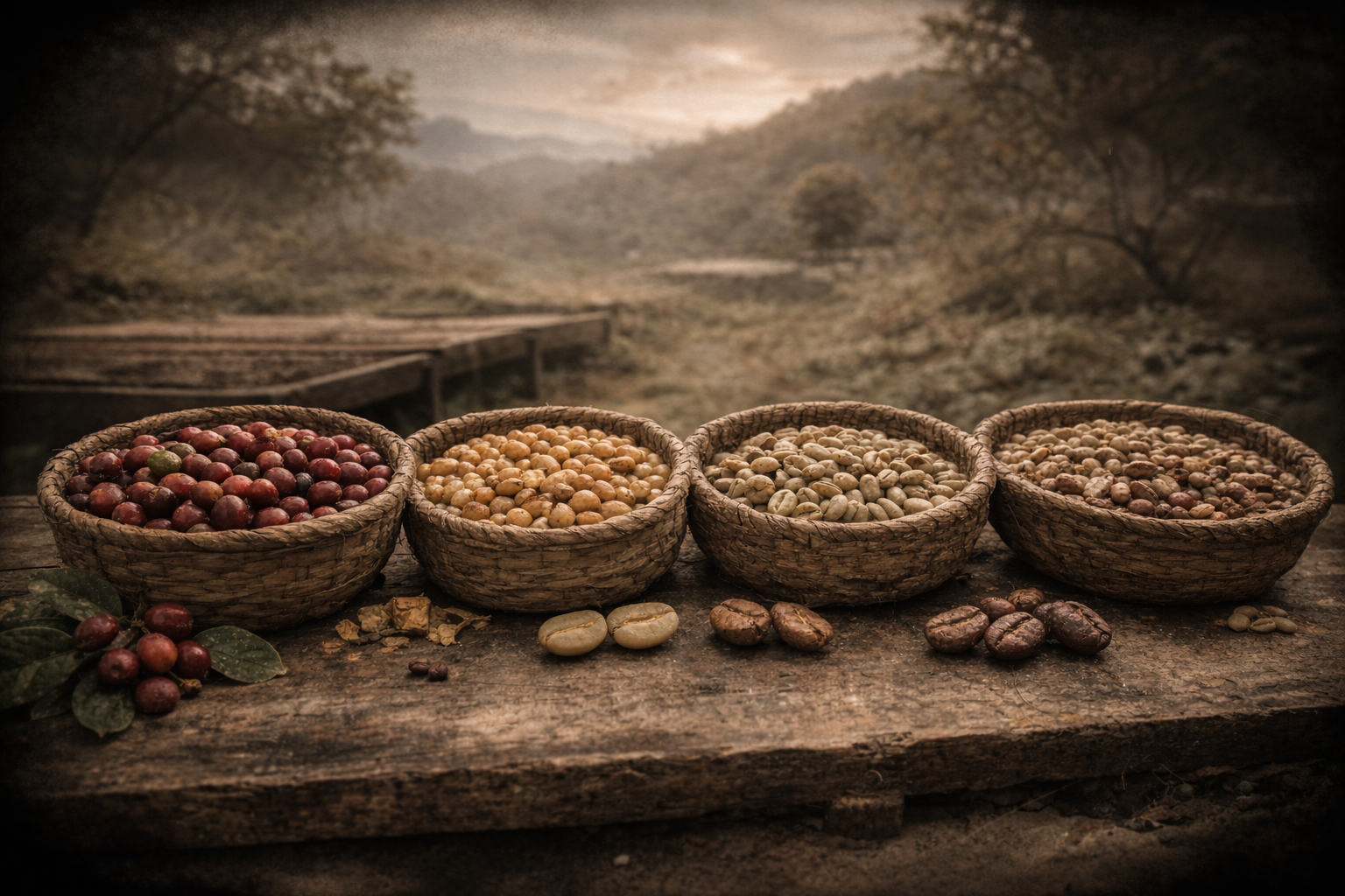 Different coffee processing methods affecting green coffee flavor and structure