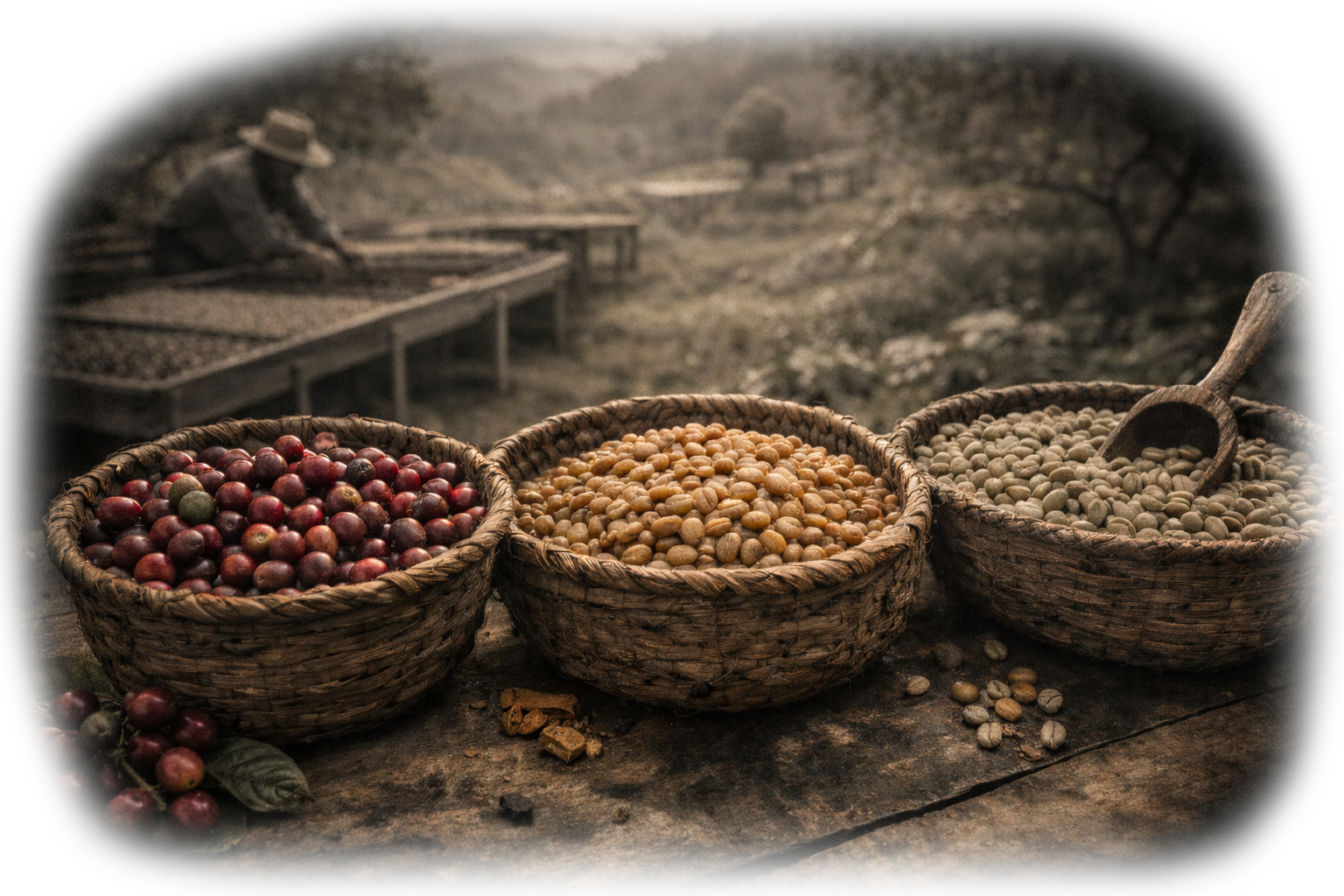 Coffee processing methods comparison showing washed honey and natural coffee cherries